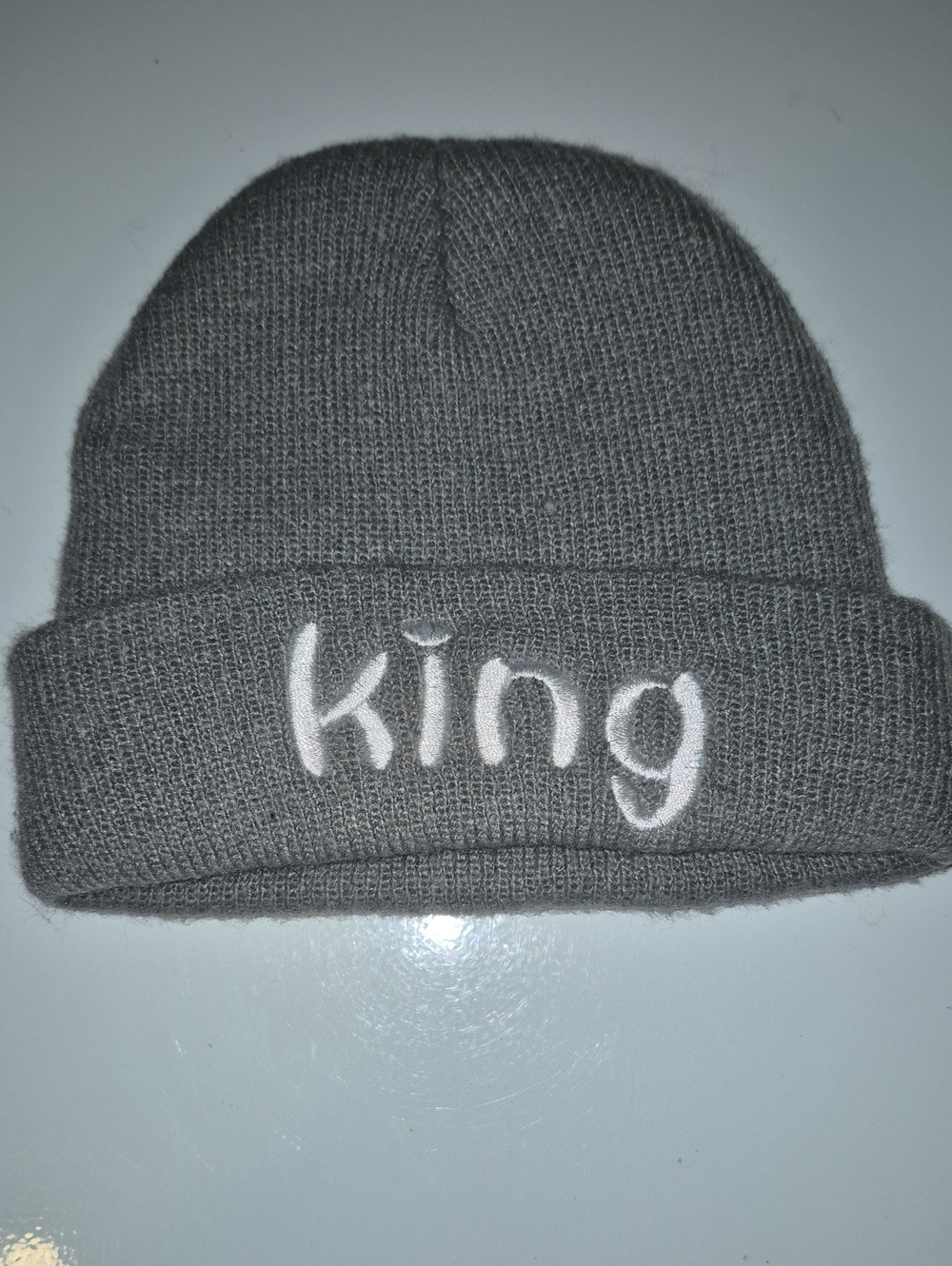 King Embroidered Gray Beanie Hat